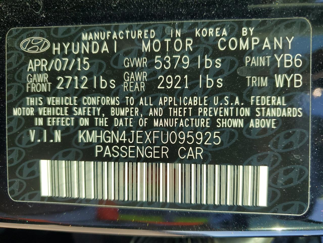 2015 Hyundai Genesis 3.8L VIN: KMHGN4JEXFU095925 Lot: 67321584