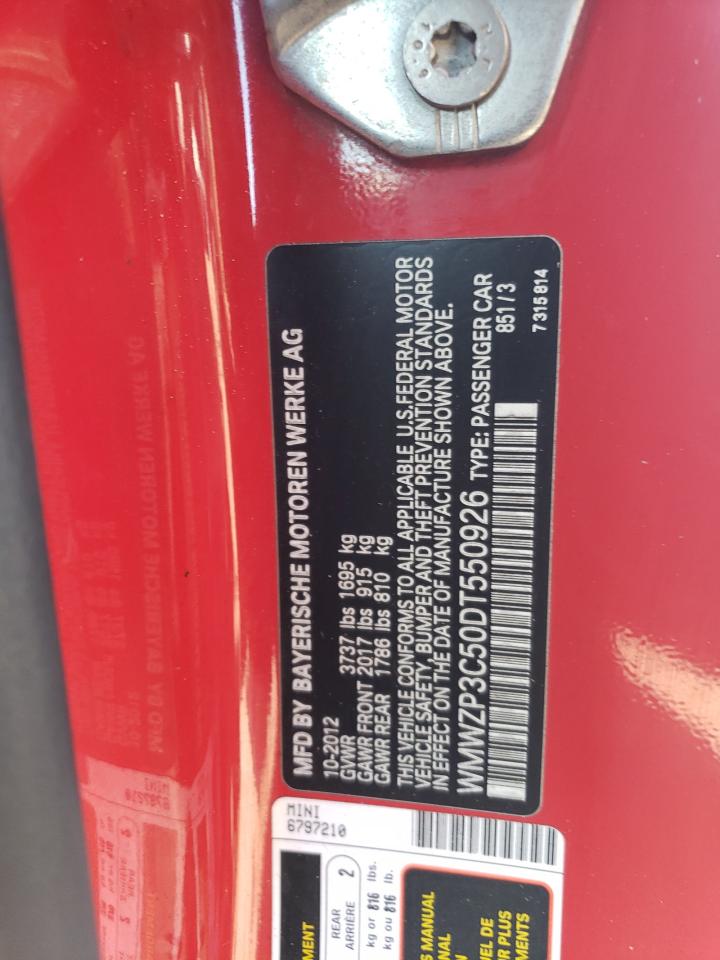 2013 Mini Cooper S VIN: WMWZP3C50DT550926 Lot: 66573104