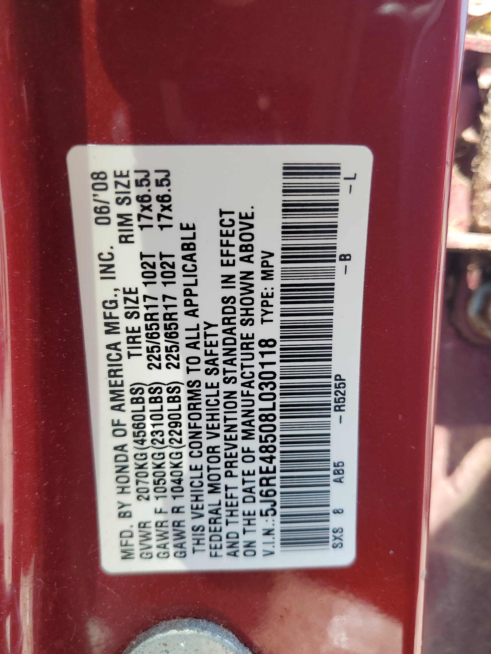 5J6RE48508L030118 2008 Honda Cr-V Ex