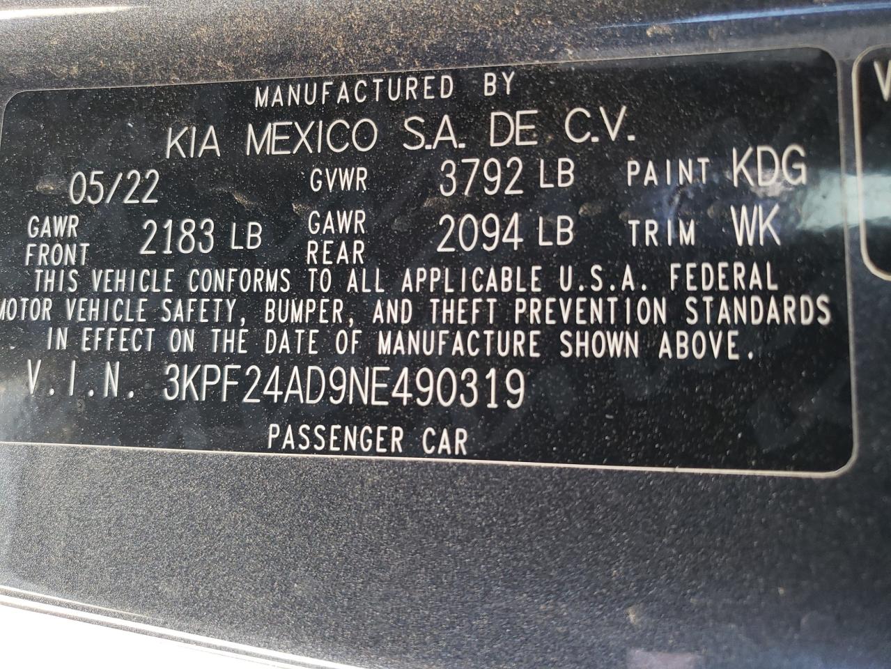 3KPF24AD9NE490319 2022 Kia Forte Fe