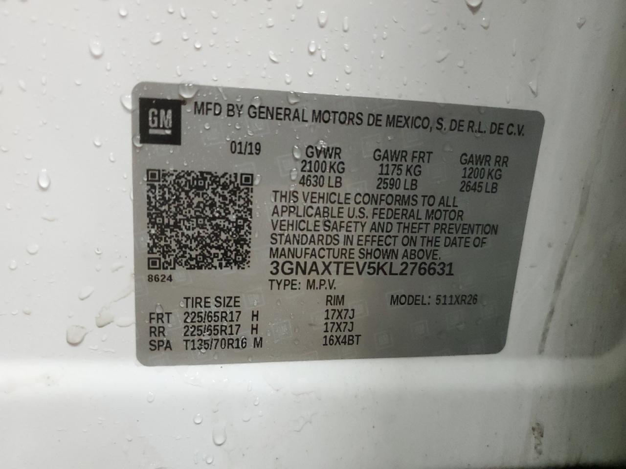 3GNAXTEV5KL276631 2019 Chevrolet Equinox Lt