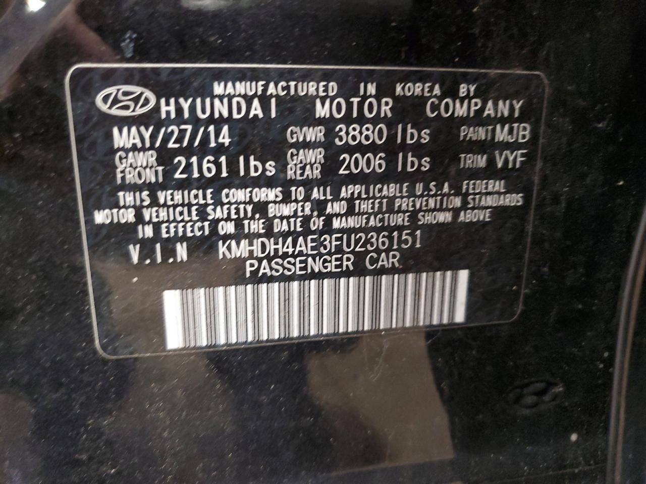 2015 Hyundai Elantra Se VIN: KMHDH4AE3FU236151 Lot: 66867094
