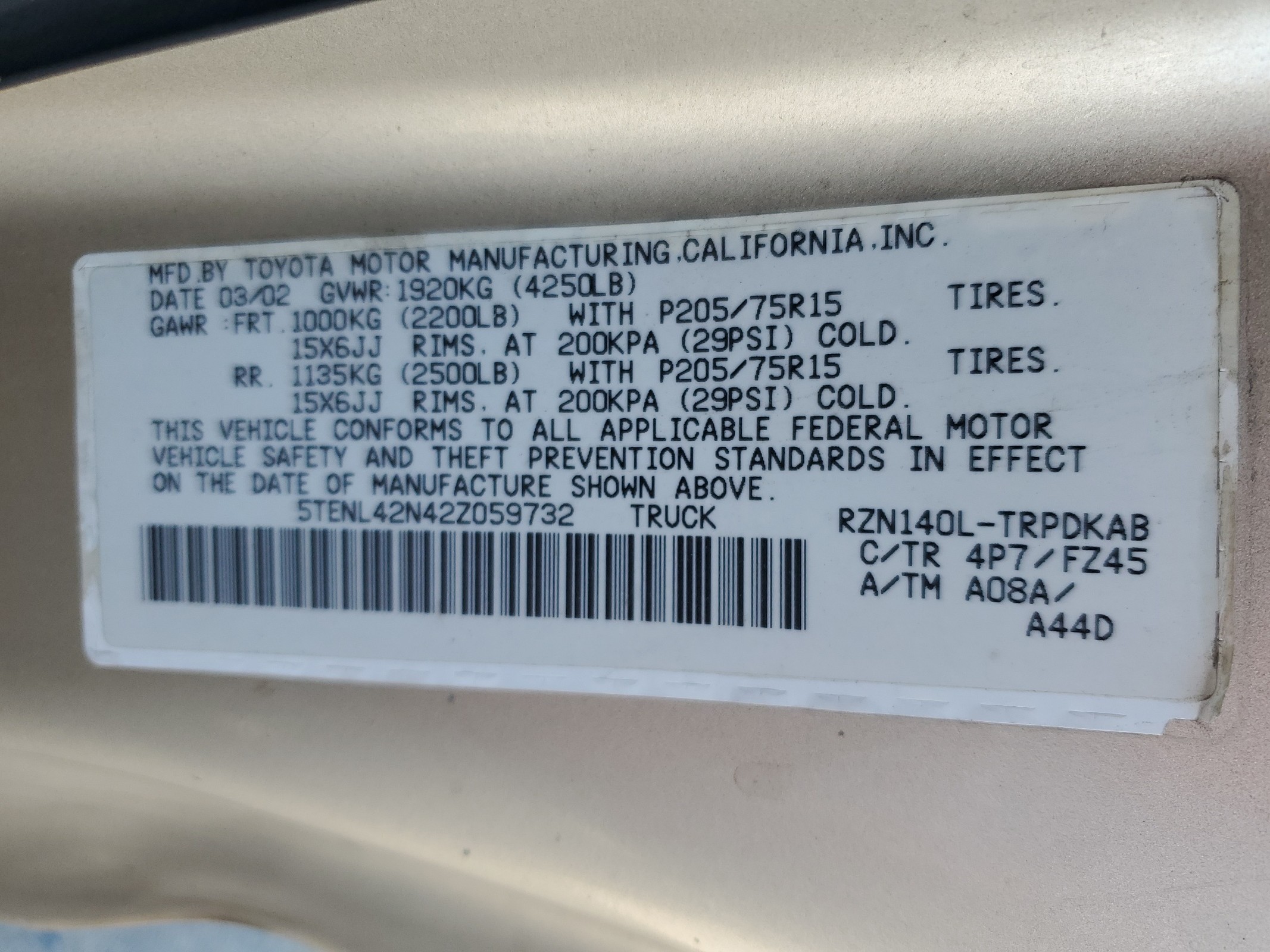 5TENL42N42Z059732 2002 Toyota Tacoma