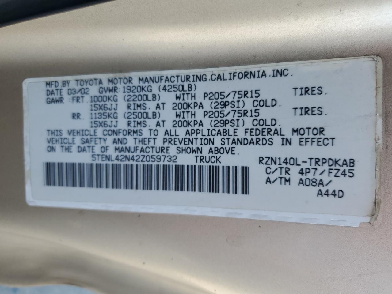 2002 Toyota Tacoma VIN: 5TENL42N42Z059732 Lot: 66353374