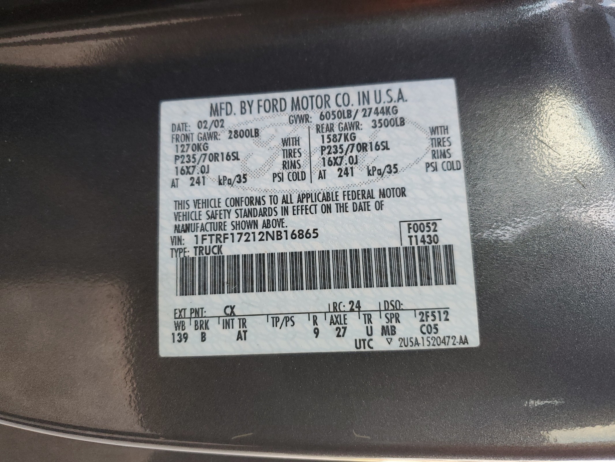 1FTRF17212NB16865 2002 Ford F150