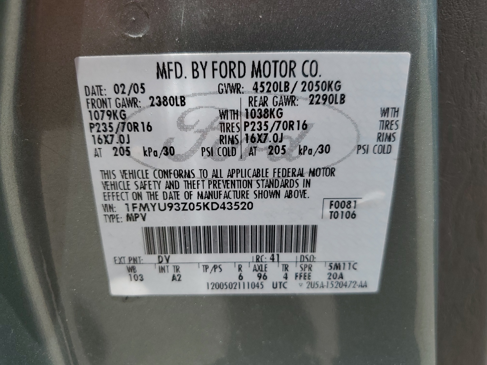 1FMYU93Z05KD43520 2005 Ford Escape Xlt