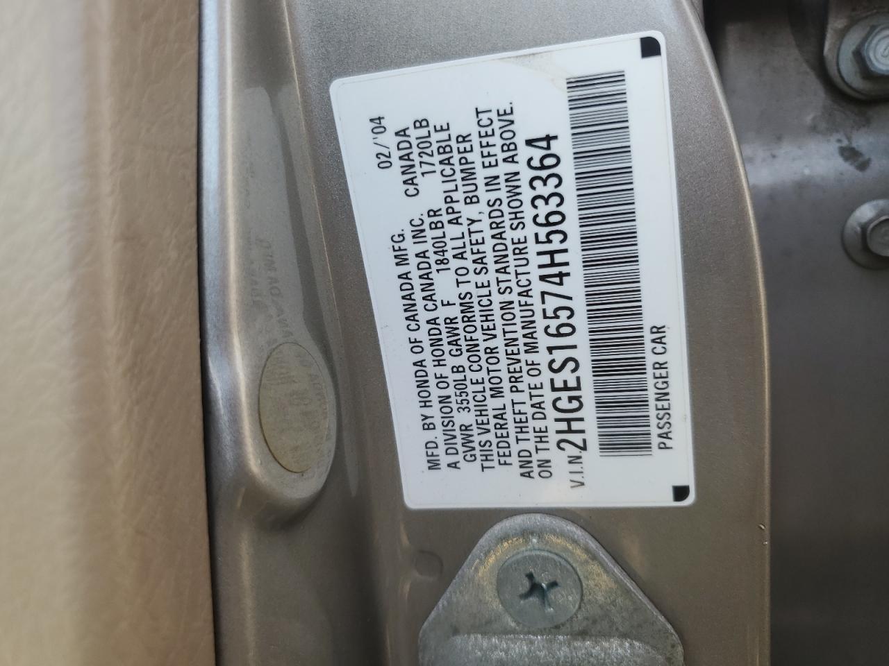 2004 Honda Civic Lx VIN: 2HGES16574H563364 Lot: 65668694