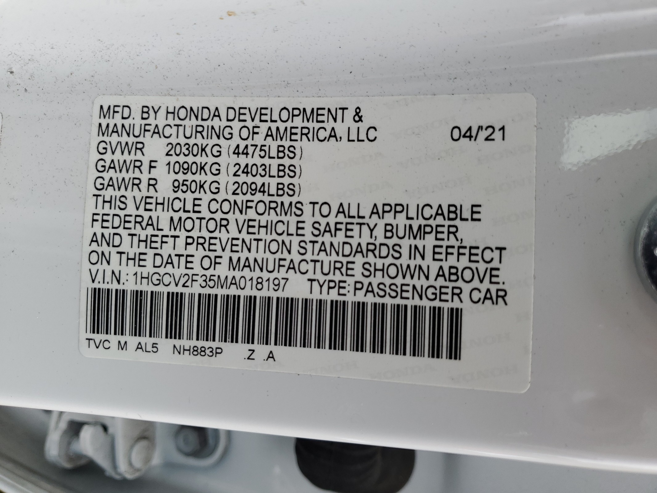 1HGCV2F35MA018197 2021 Honda Accord Sport
