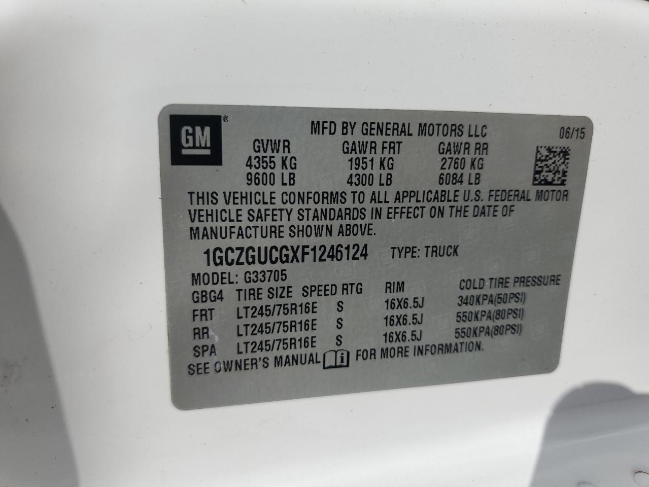 2015 Chevrolet Express G3500 VIN: 1GCZGUCGXF1246124 Lot: 65905254