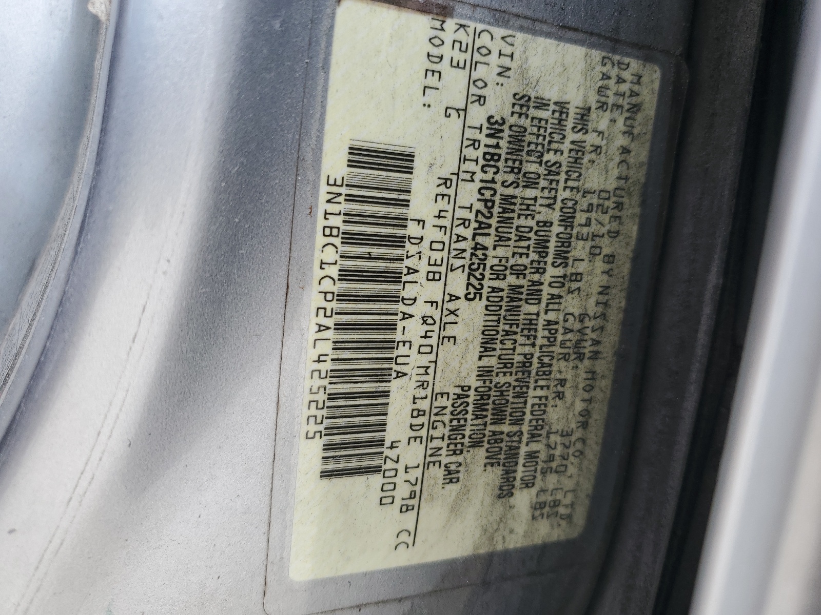 3N1BC1CP2AL425225 2010 Nissan Versa S