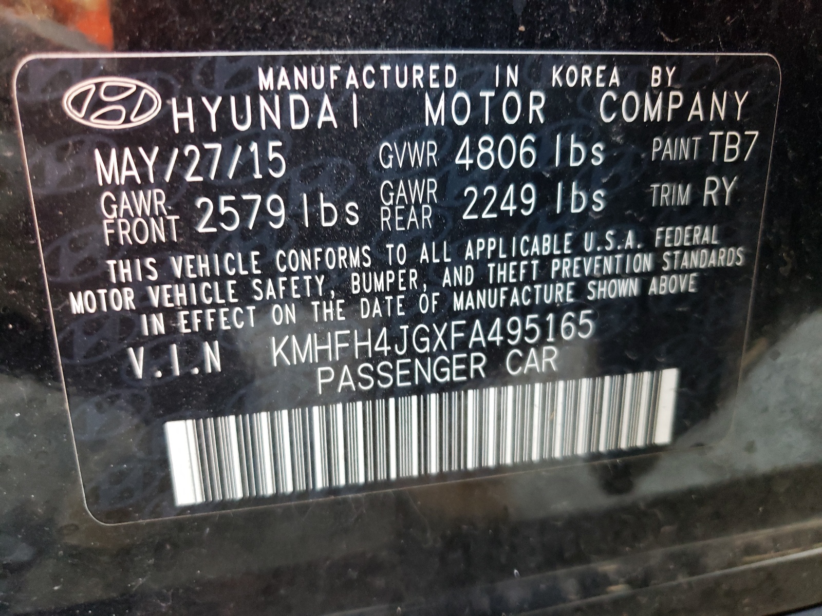 KMHFH4JGXFA495165 2015 Hyundai Azera Limited