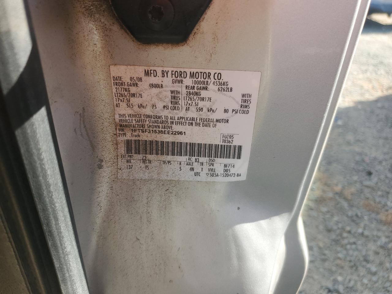 2008 Ford F350 Srw Super Duty VIN: 1FTSF31538EE22961 Lot: 66617124