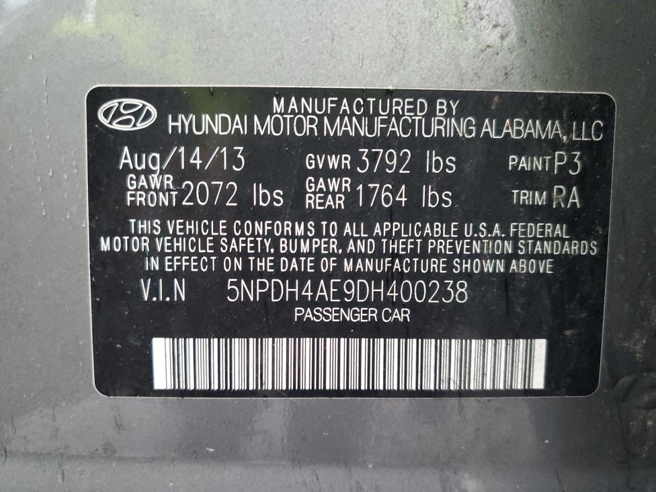 2013 Hyundai Elantra Gls VIN: 5NPDH4AE9DH400238 Lot: 66386334