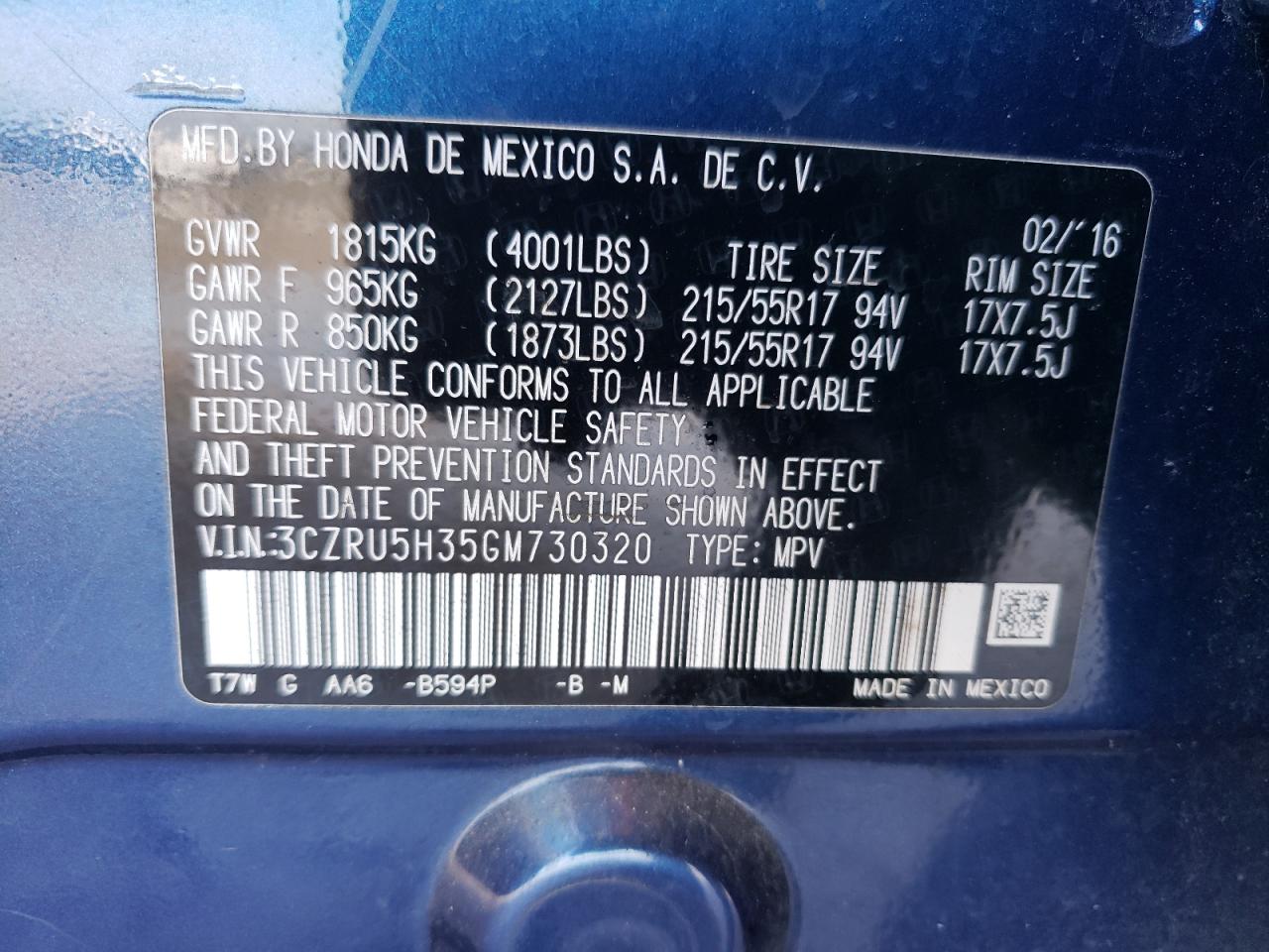 2016 Honda Hr-V Lx VIN: 3CZRU5H35GM730320 Lot: 68673954