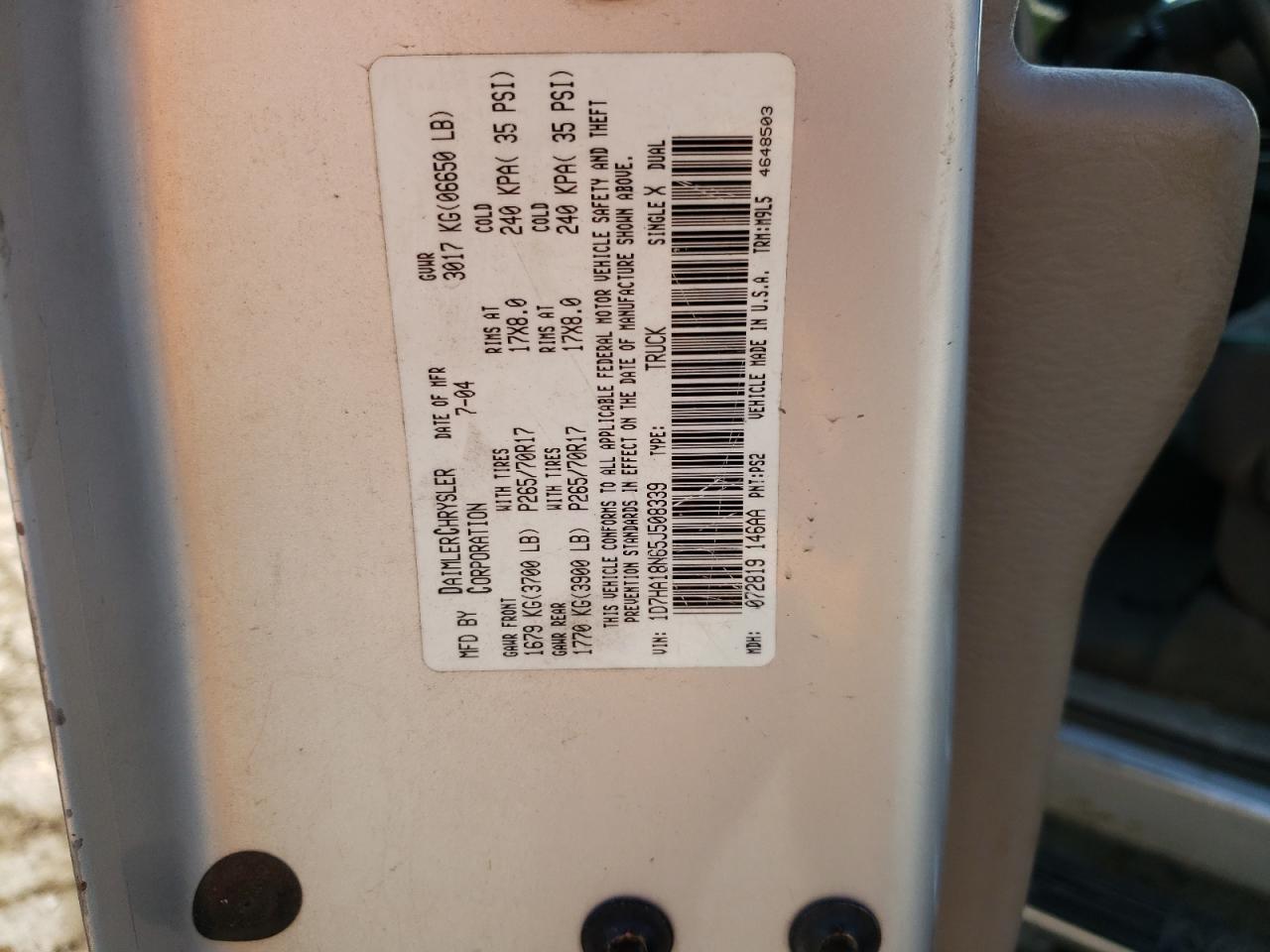 2005 Dodge Ram 1500 St VIN: 1D7HA18N65J508339 Lot: 65555324