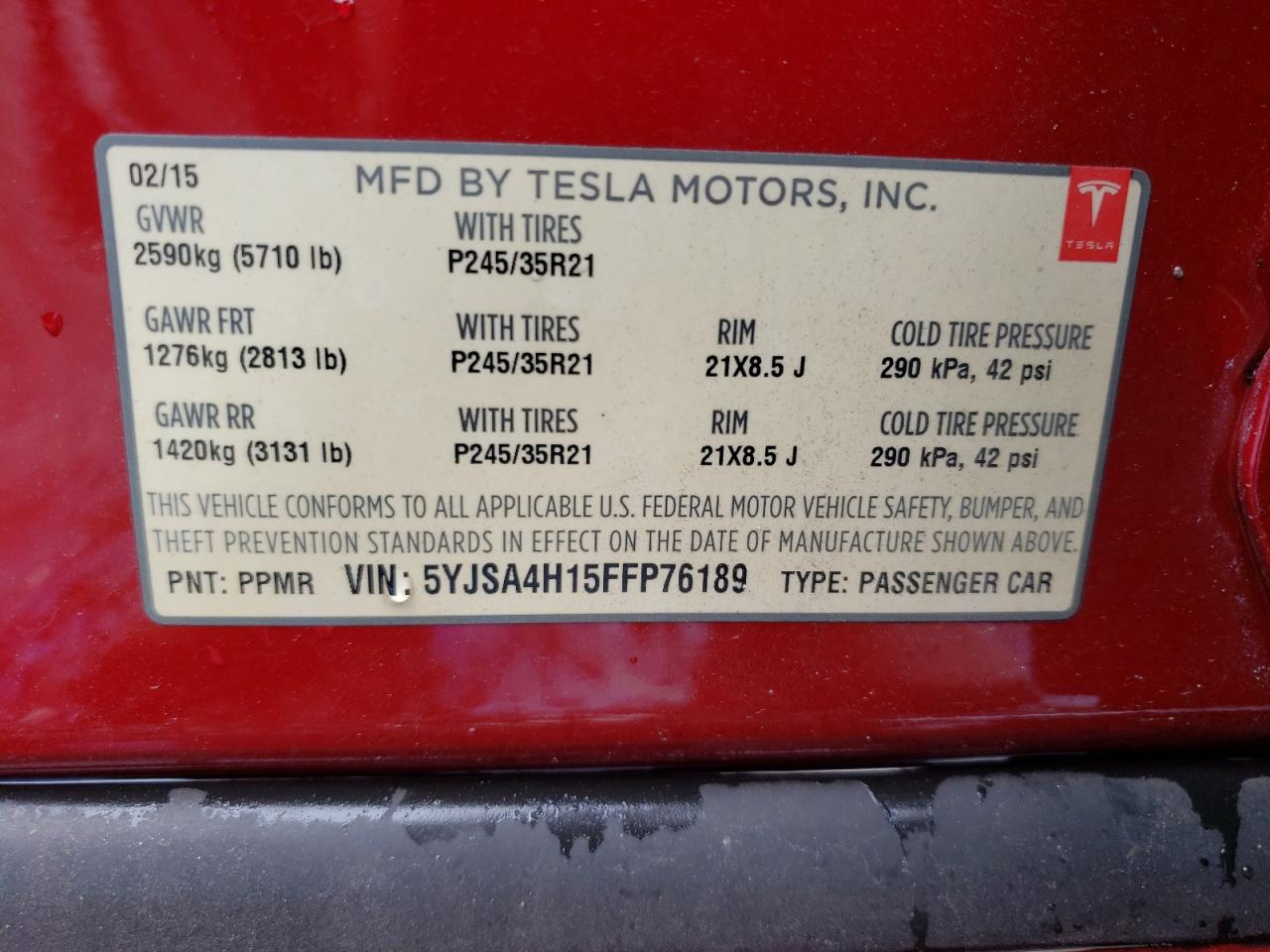 5YJSA4H15FFP76189 2015 Tesla Model S 85