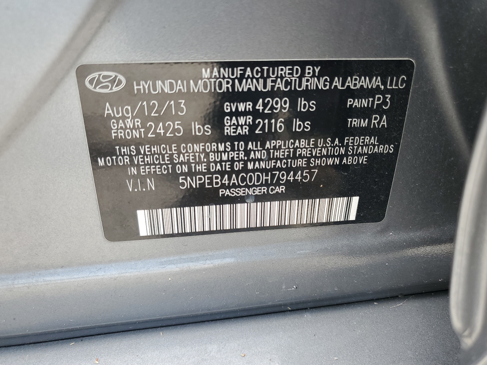 5NPEB4AC0DH794457 2013 Hyundai Sonata Gls