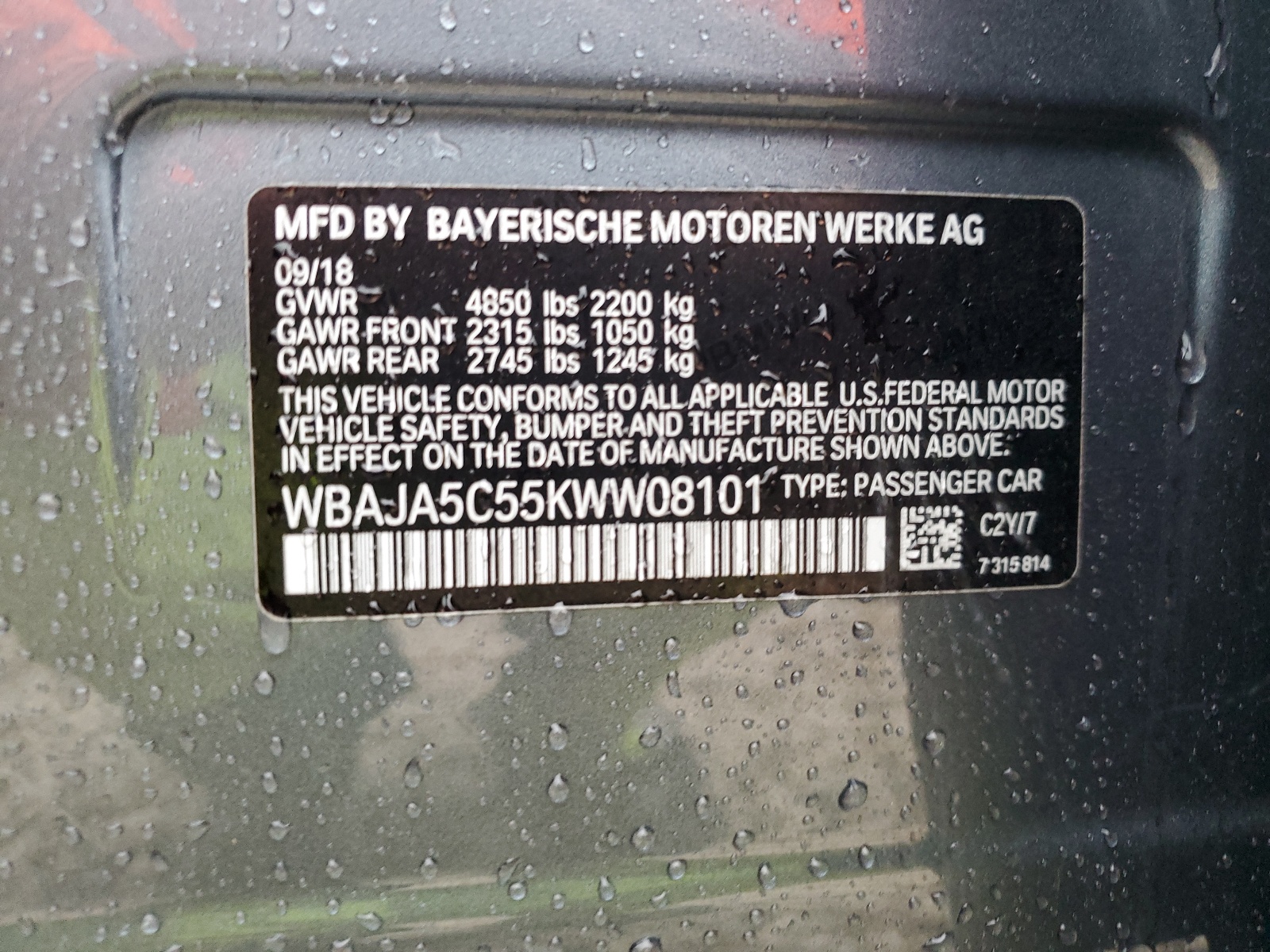 WBAJA5C55KWW08101 2019 BMW 530 I