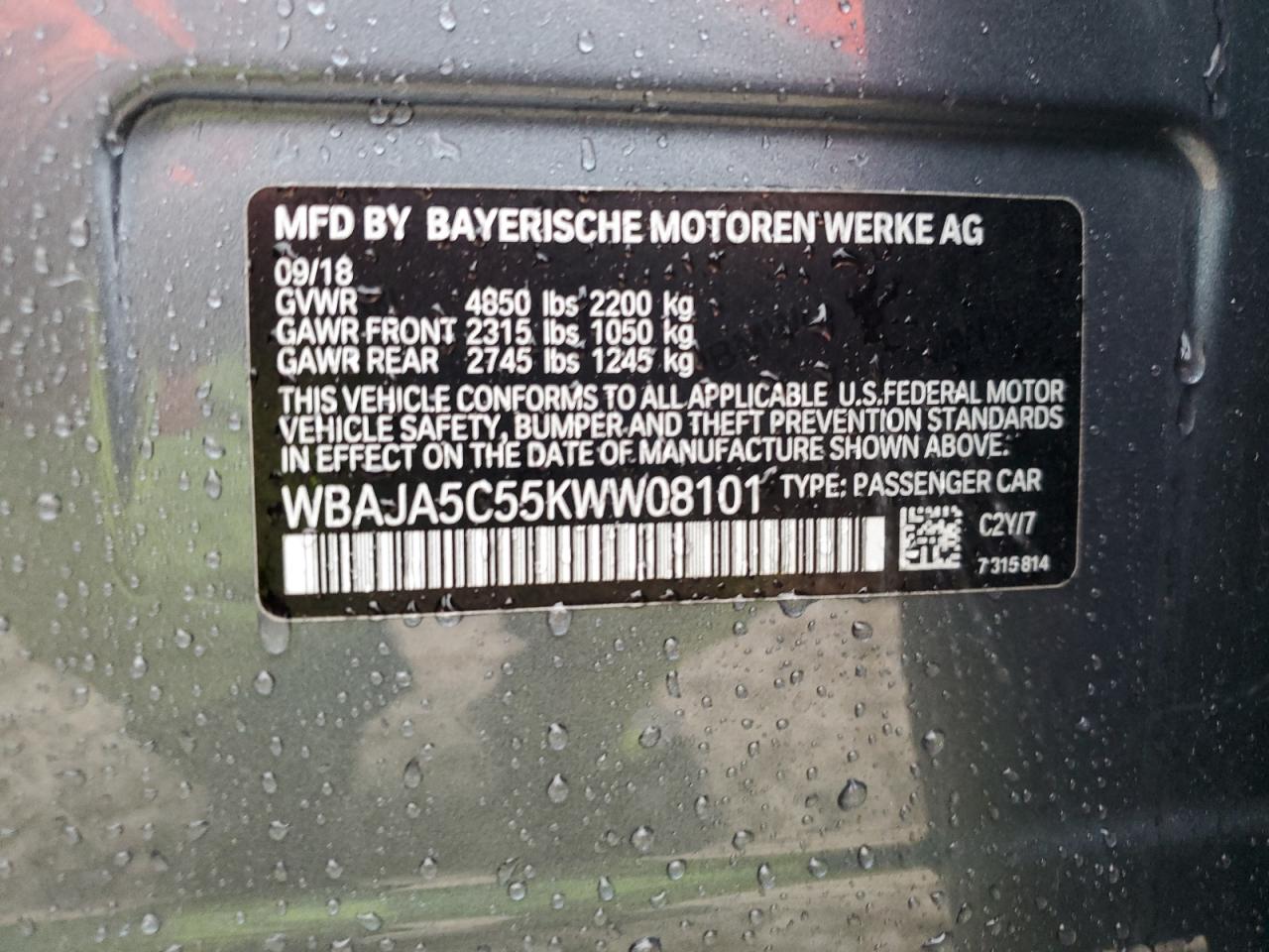 2019 BMW 530 I VIN: WBAJA5C55KWW08101 Lot: 66758634