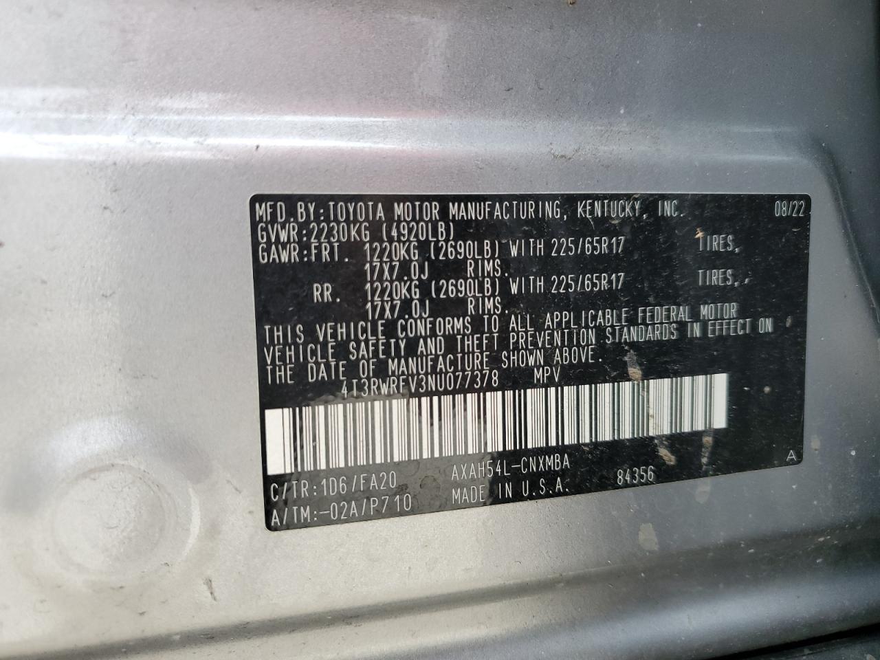 2022 Toyota Rav4 Xle VIN: 4T3RWRFV3NU077378 Lot: 66277174