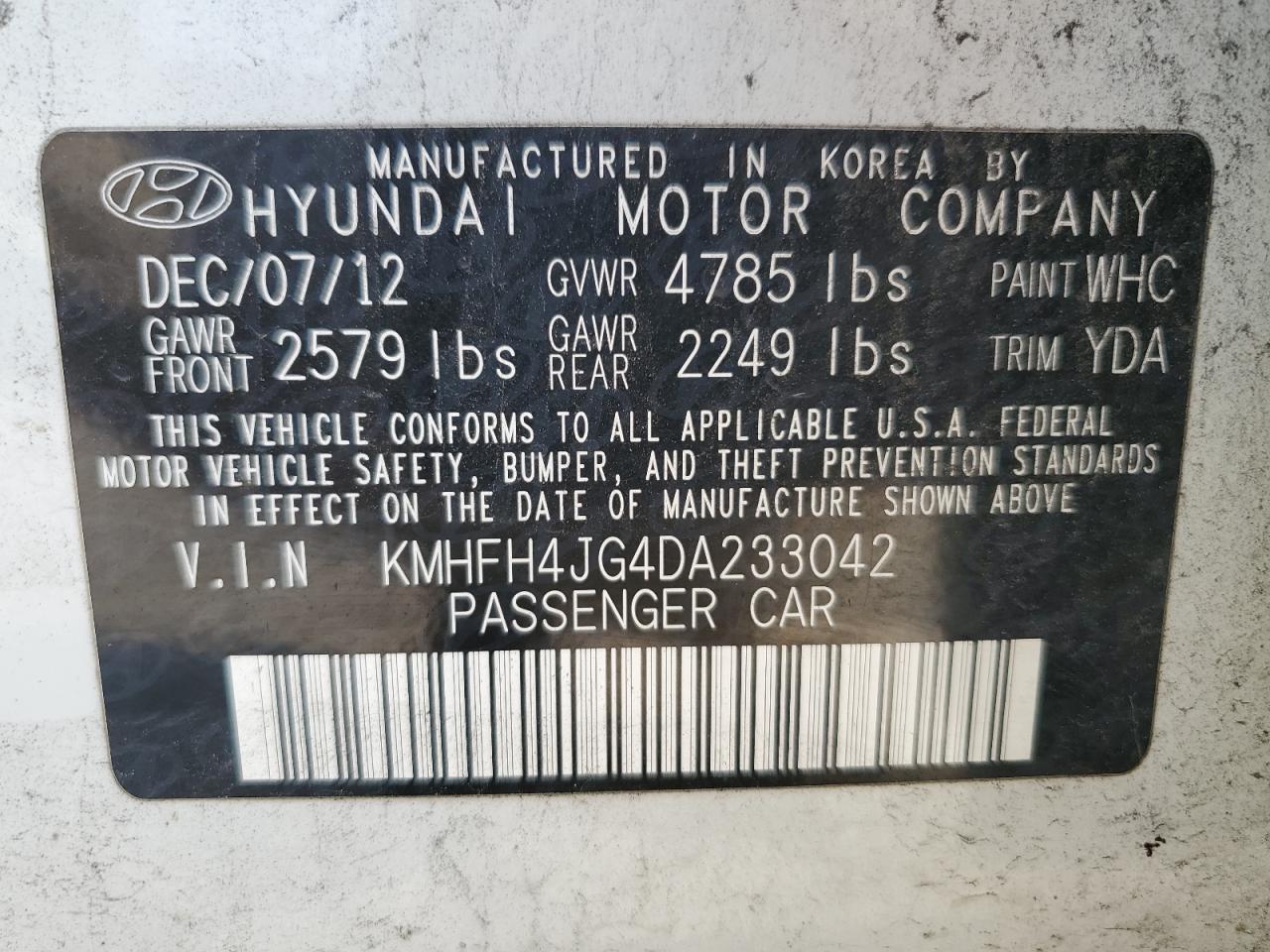 KMHFH4JG4DA233042 2013 Hyundai Azera Gls