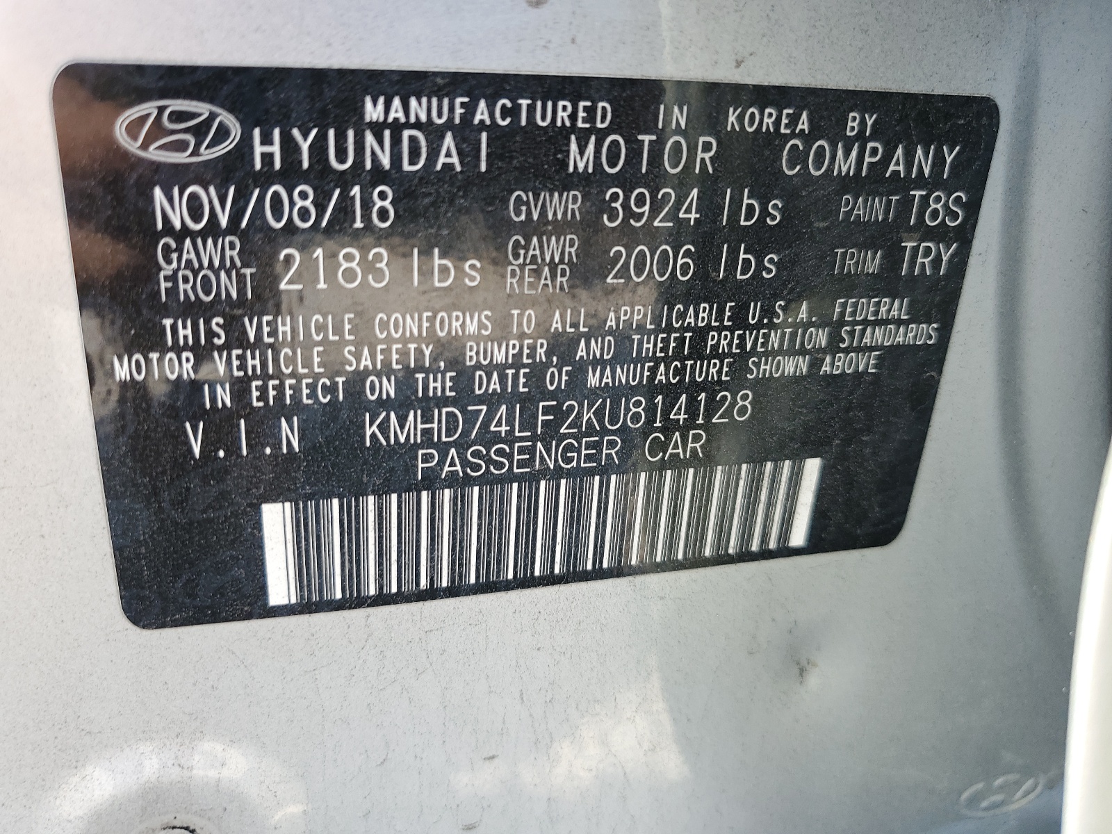 2019 Hyundai Elantra Se vin: KMHD74LF2KU814128