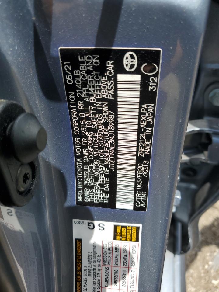 2021 Toyota Corolla Le VIN: JTDEPMAE3MJ189987 Lot: 69028944