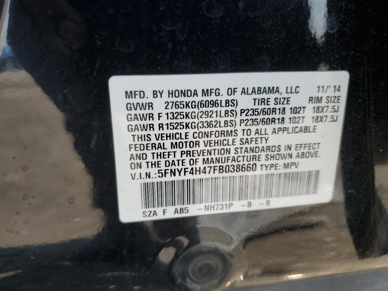 5FNYF4H47FB038660 2015 Honda Pilot Ex