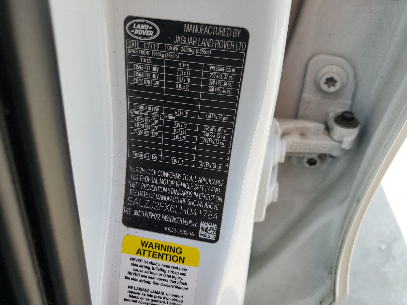 SALZJ2FX6LH041784 2020 Land Rover Range Rover Evoque S