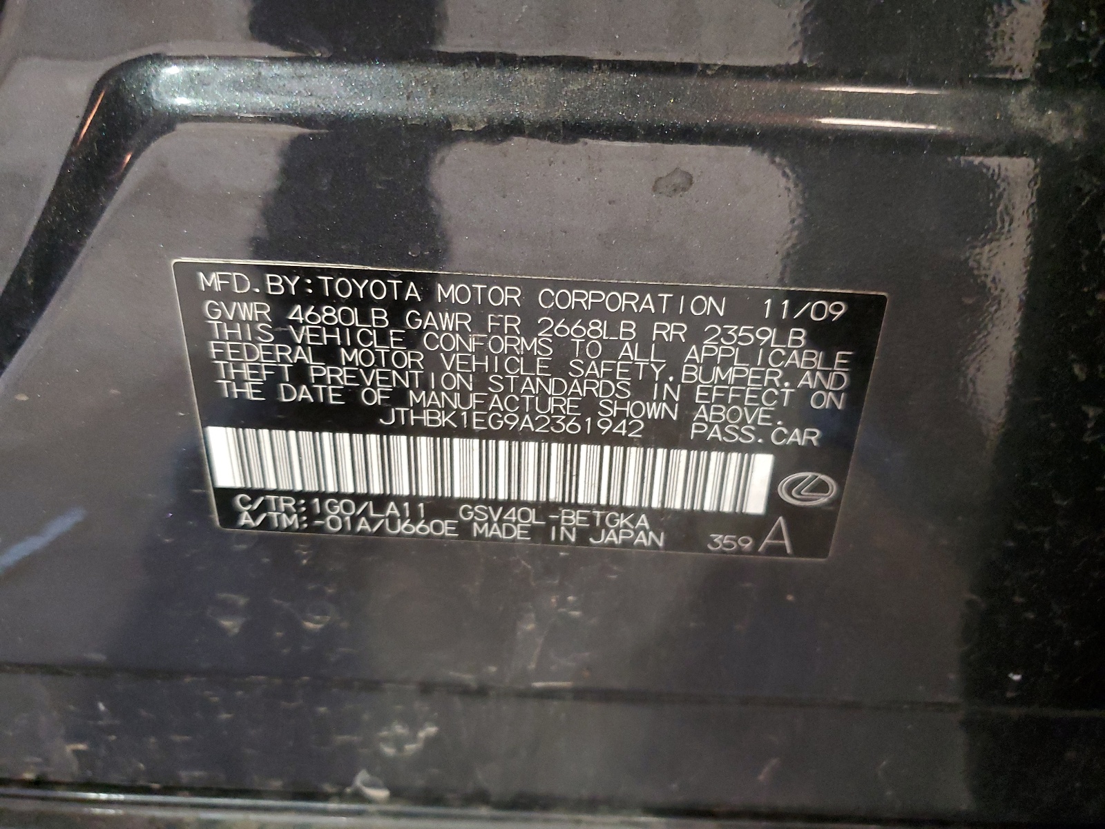 JTHBK1EG9A2361942 2010 Lexus Es 350