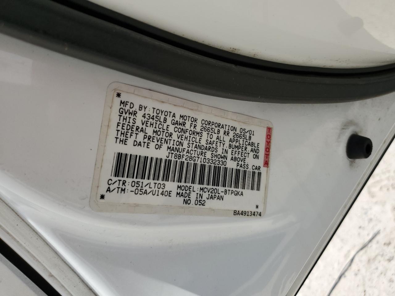 2001 Lexus Es 300 VIN: JT8BF28G710332330 Lot: 68201144