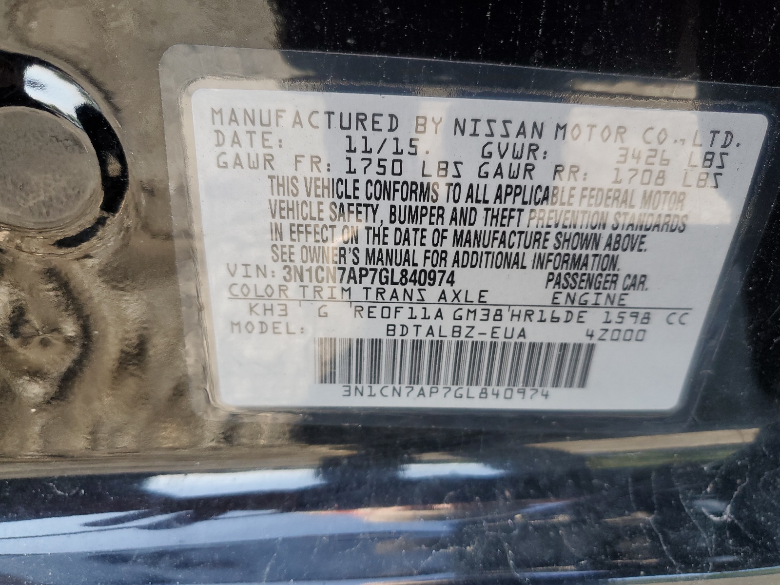 3N1CN7AP7GL840974 2016 Nissan Versa S