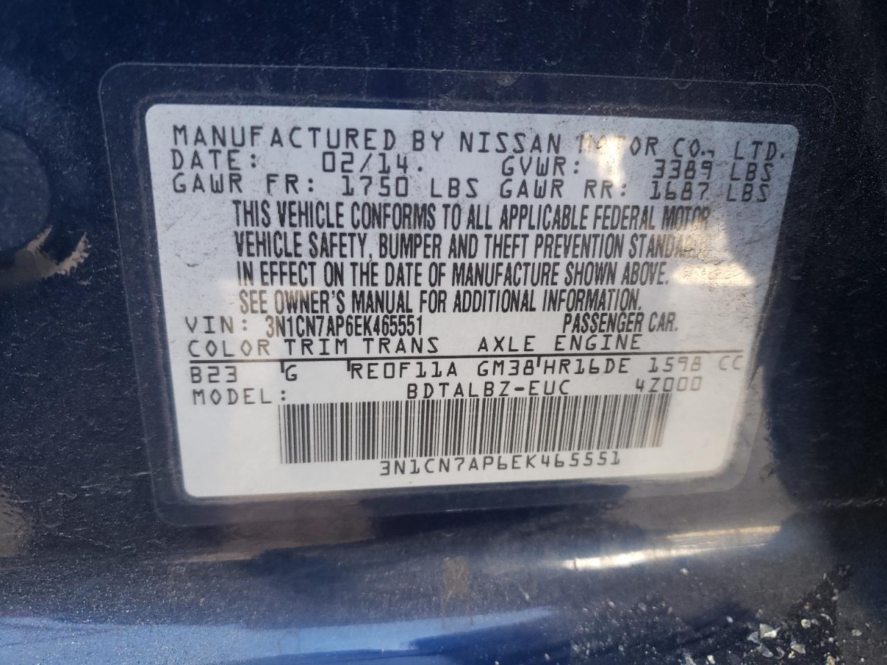 2014 Nissan Versa S VIN: 3N1CN7AP6EK465551 Lot: 68714564