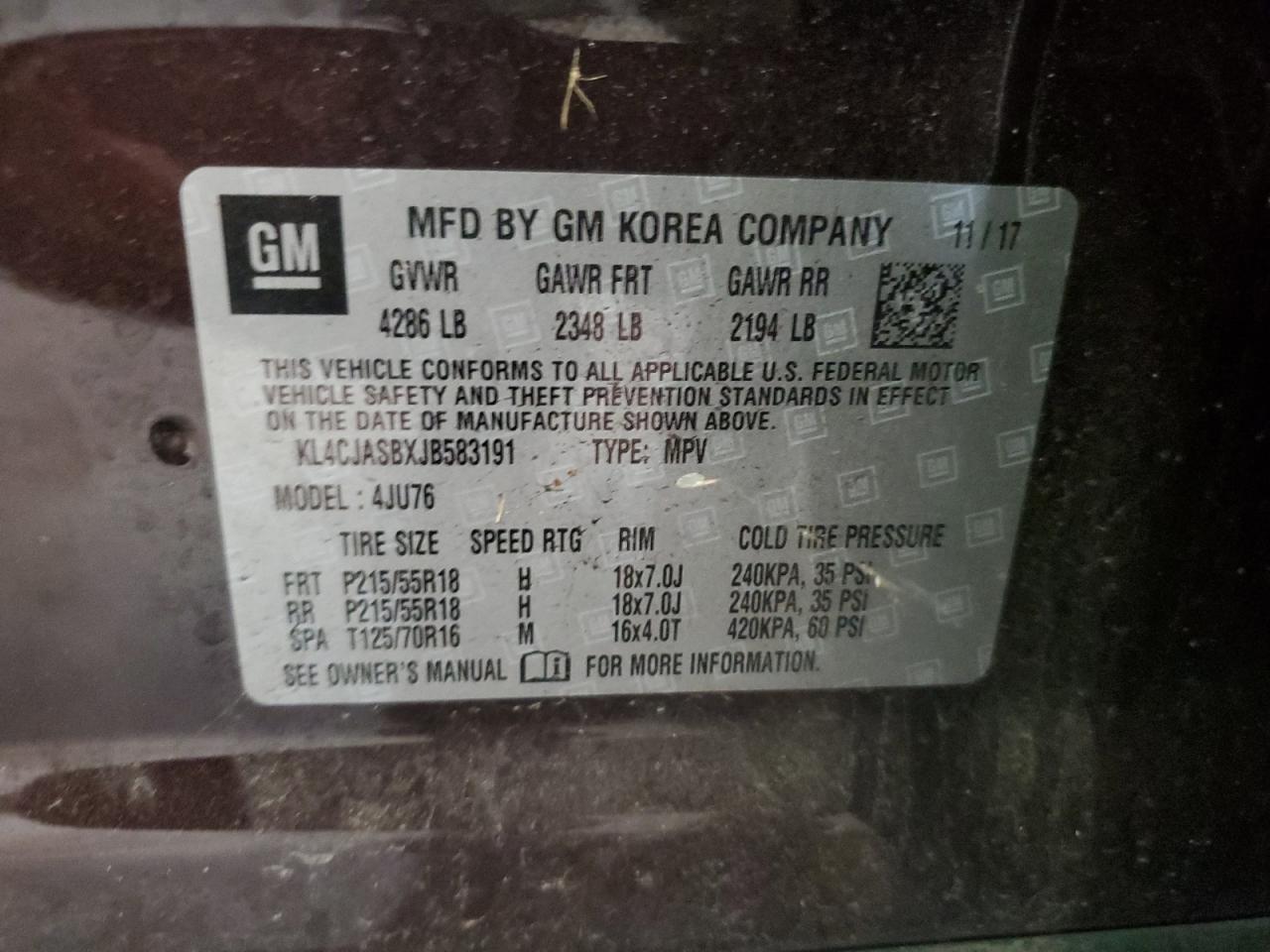 2018 Buick Encore Preferred VIN: KL4CJASBXJB583191 Lot: 65932464