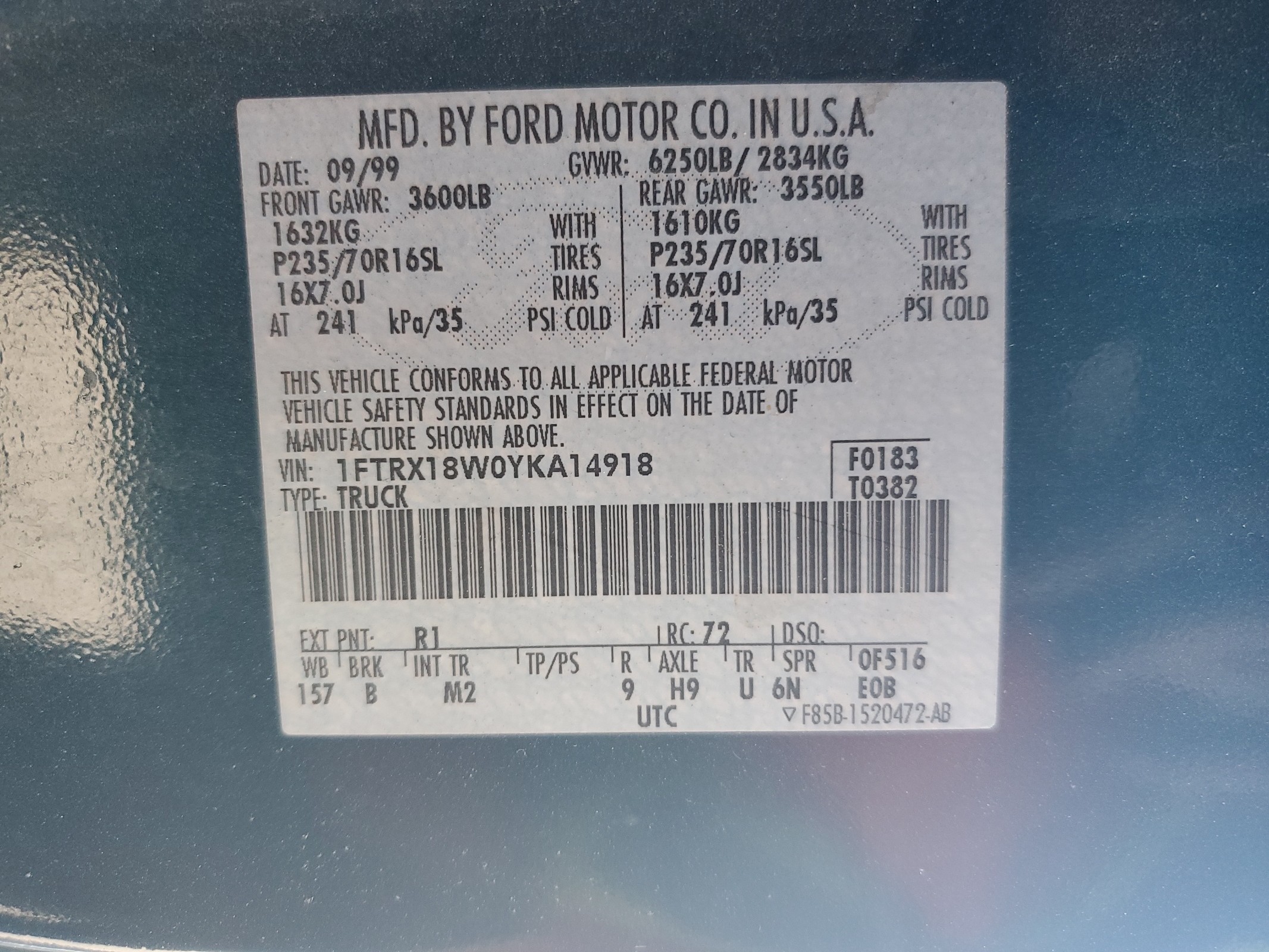 1FTRX18W0YKA14918 2000 Ford F150