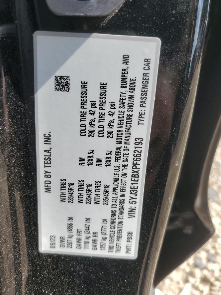 2023 Tesla Model 3 VIN: 5YJ3E1EBXPF662193 Lot: 66068644
