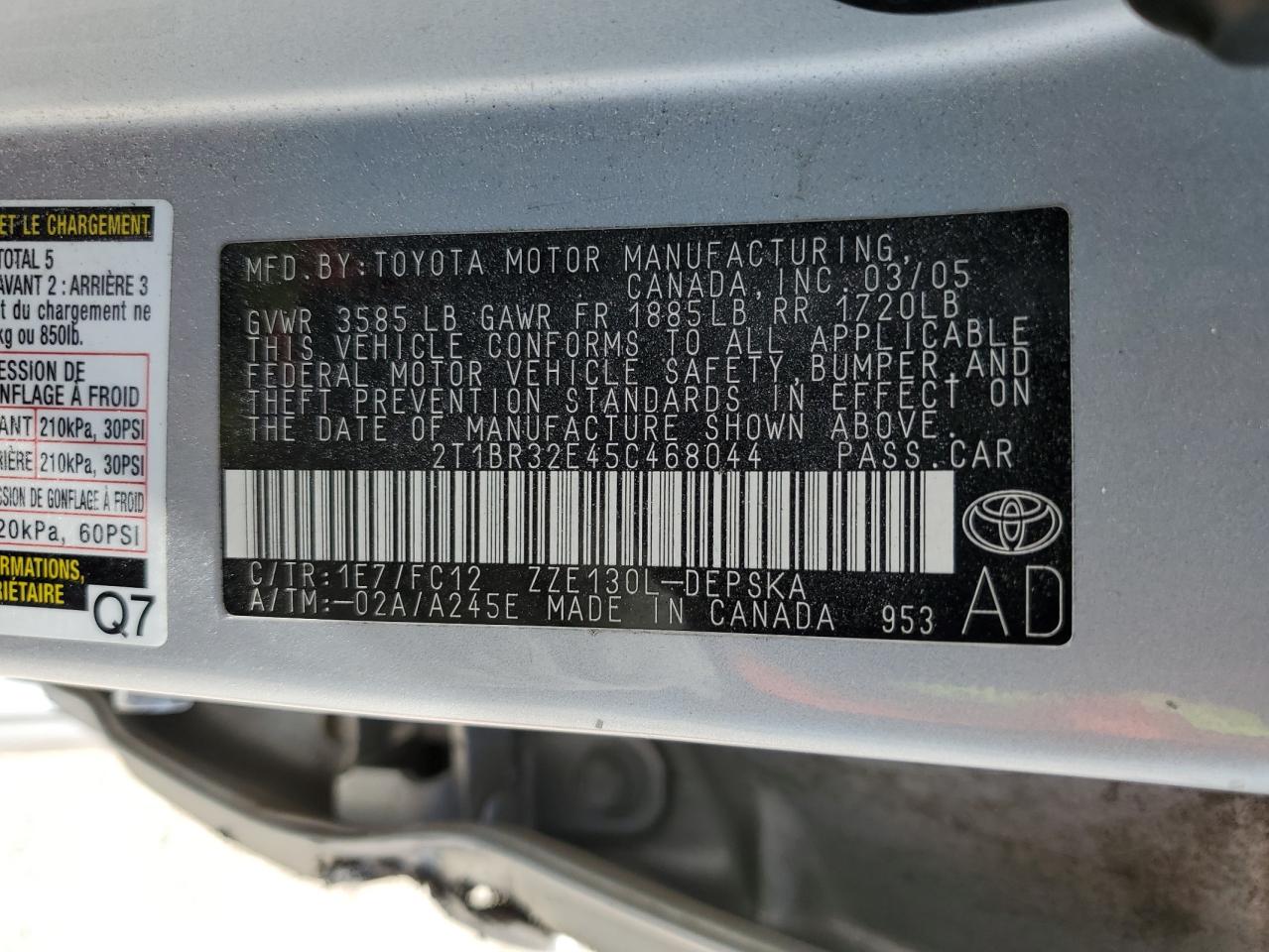 2005 Toyota Corolla Ce VIN: 2T1BR32E45C468044 Lot: 69494564