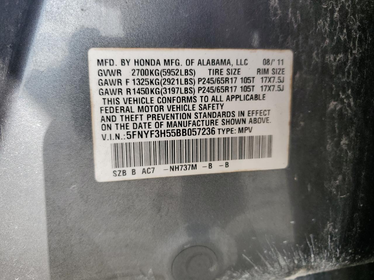 2011 Honda Pilot Exl VIN: 5FNYF3H55BB057236 Lot: 67504284