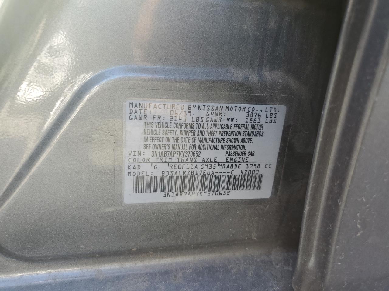 3N1AB7AP7KY370652 2019 Nissan Sentra S