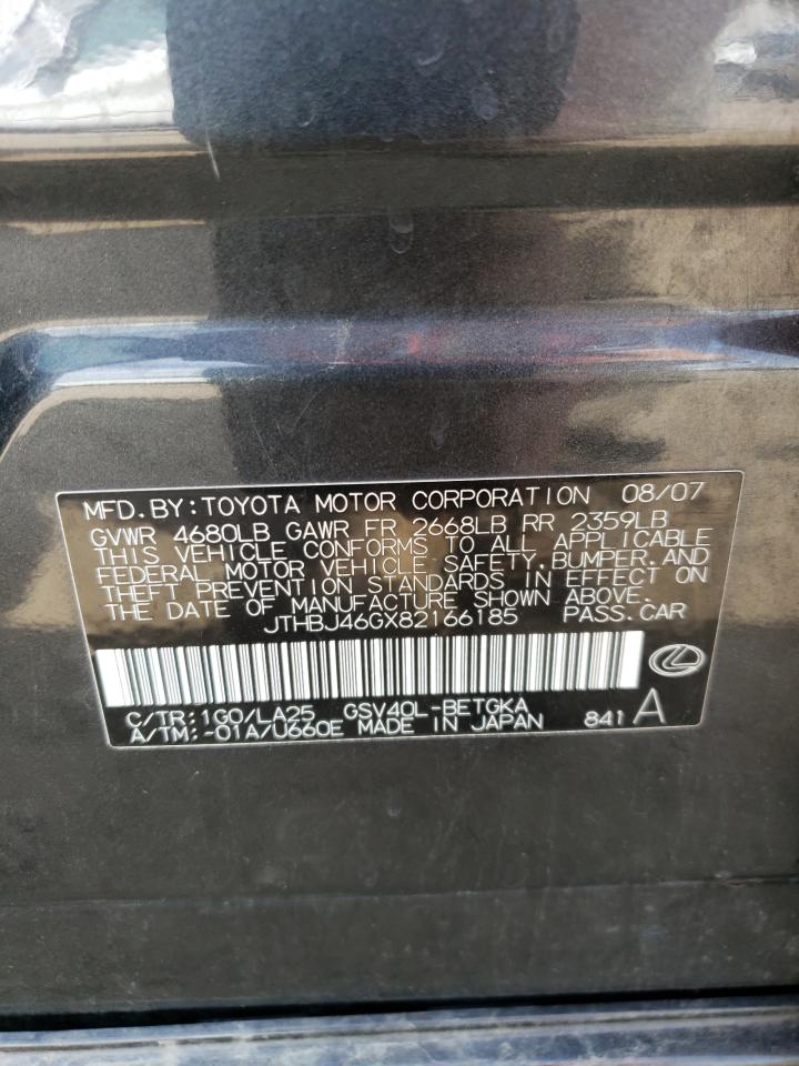 2008 Lexus Es 350 VIN: JTHBJ46GX82166185 Lot: 66312364