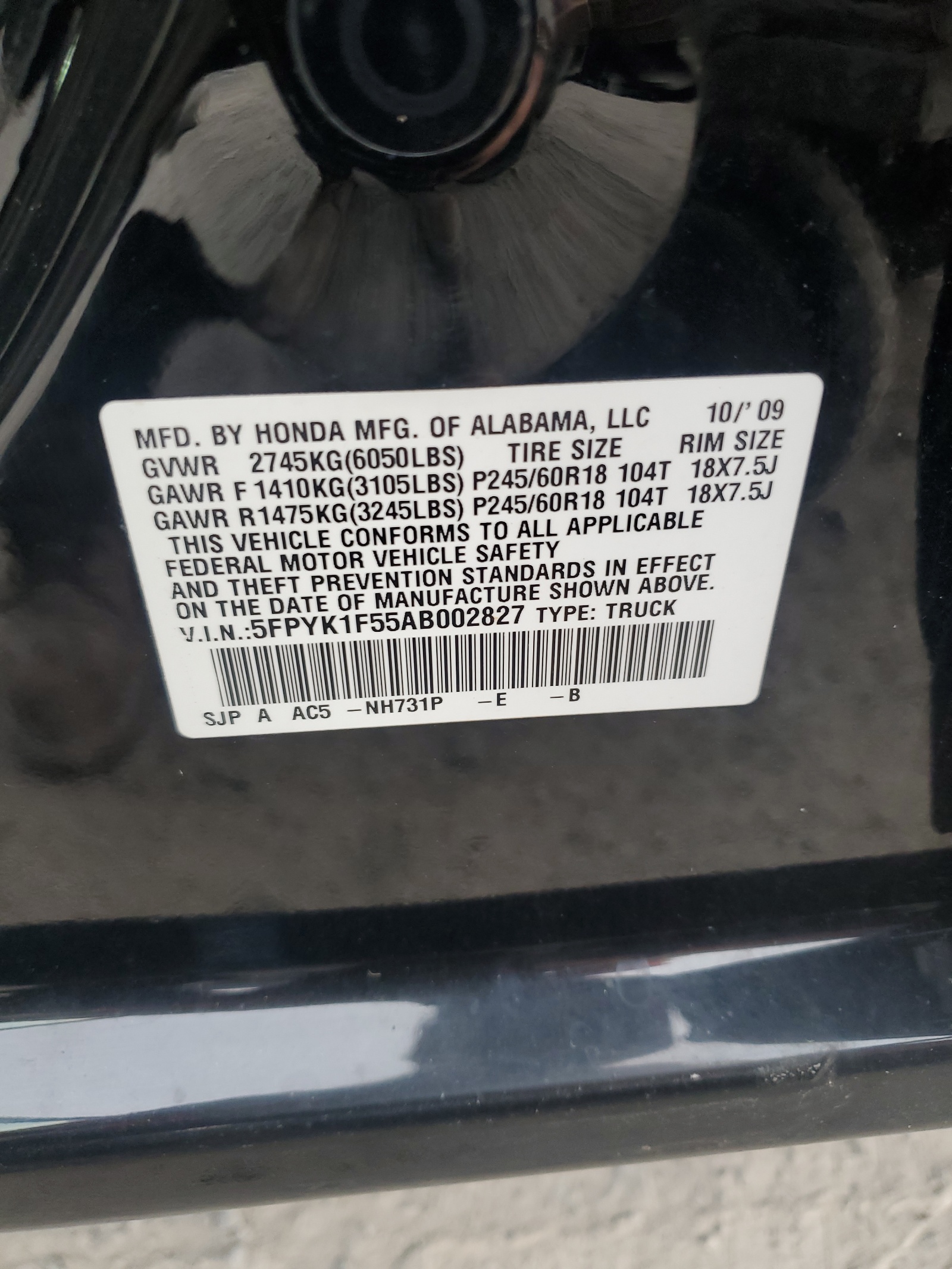 5FPYK1F55AB002827 2010 Honda Ridgeline Rtl