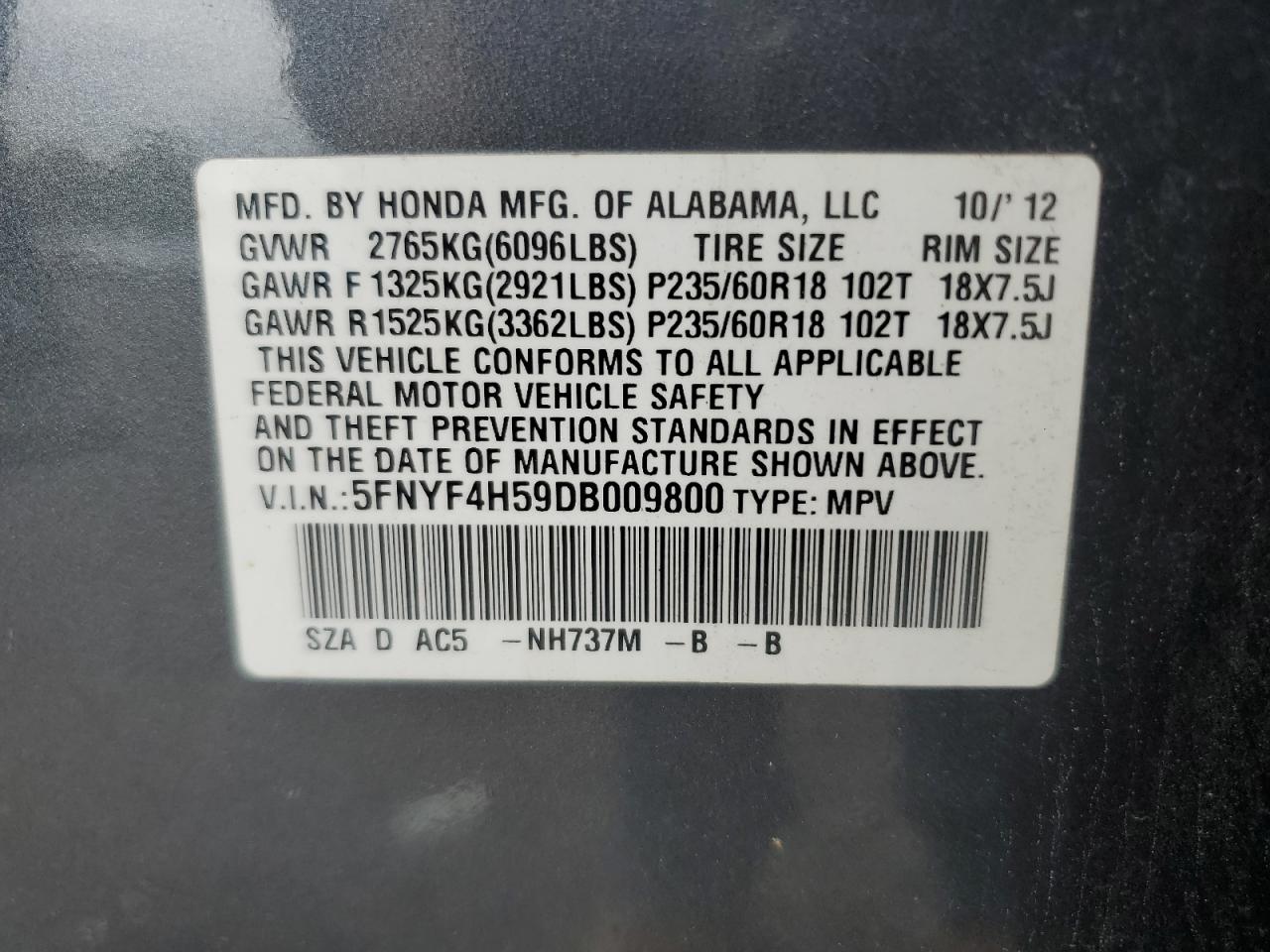 2013 Honda Pilot Exl VIN: 5FNYF4H59DB009800 Lot: 67158974