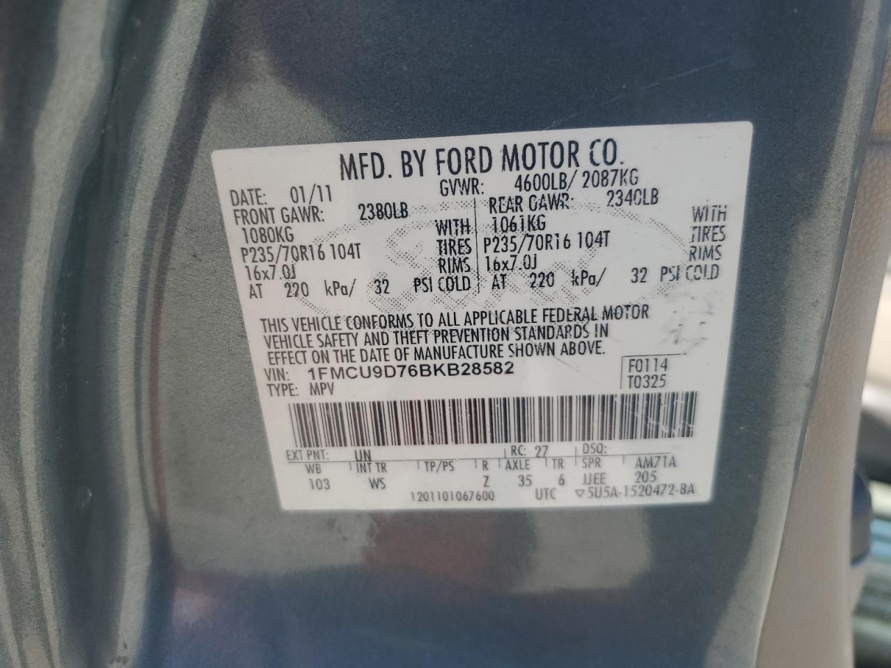 2011 Ford Escape Xlt VIN: 1FMCU9D76BKB28582 Lot: 66063554