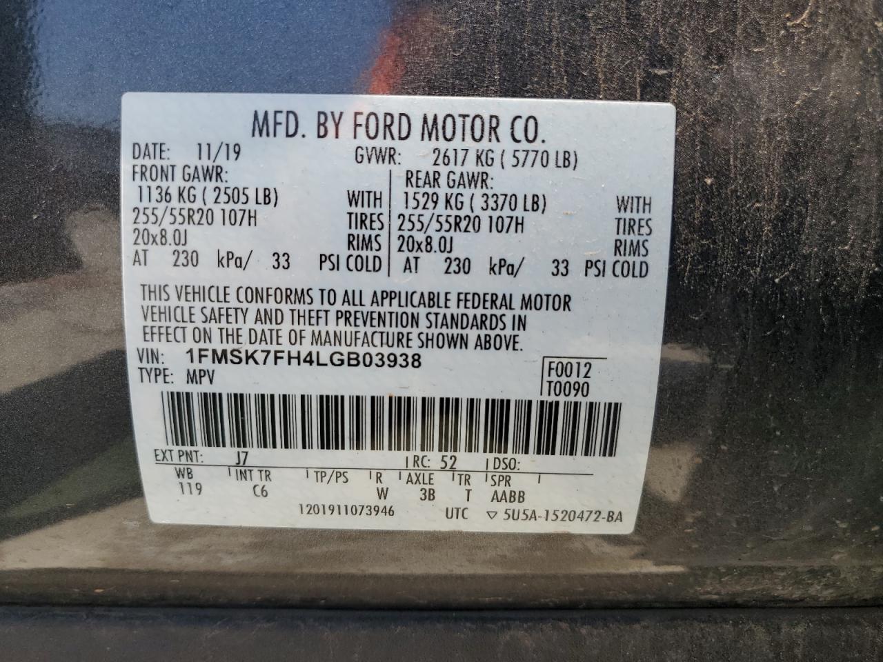 2020 Ford Explorer Limited VIN: 1FMSK7FH4LGB03938 Lot: 68045254