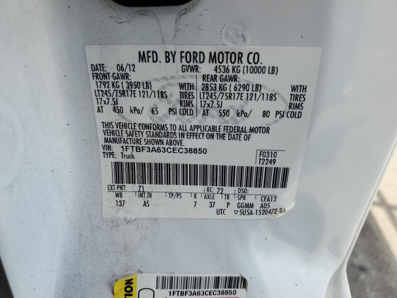 2012 Ford F350 Super Duty VIN: 1FTBF3A63CEC38850 Lot: 64737424