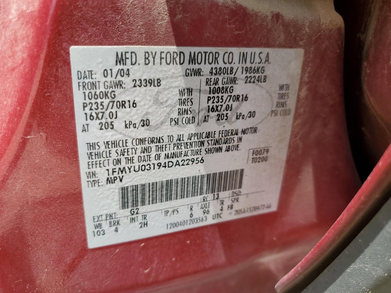 2004 Ford Escape Xlt VIN: 1FMYU03194DA22956 Lot: 65388514