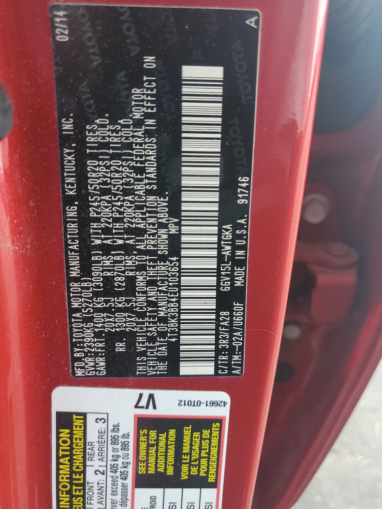 4T3BK3BB4EU103654 2014 Toyota Venza Le