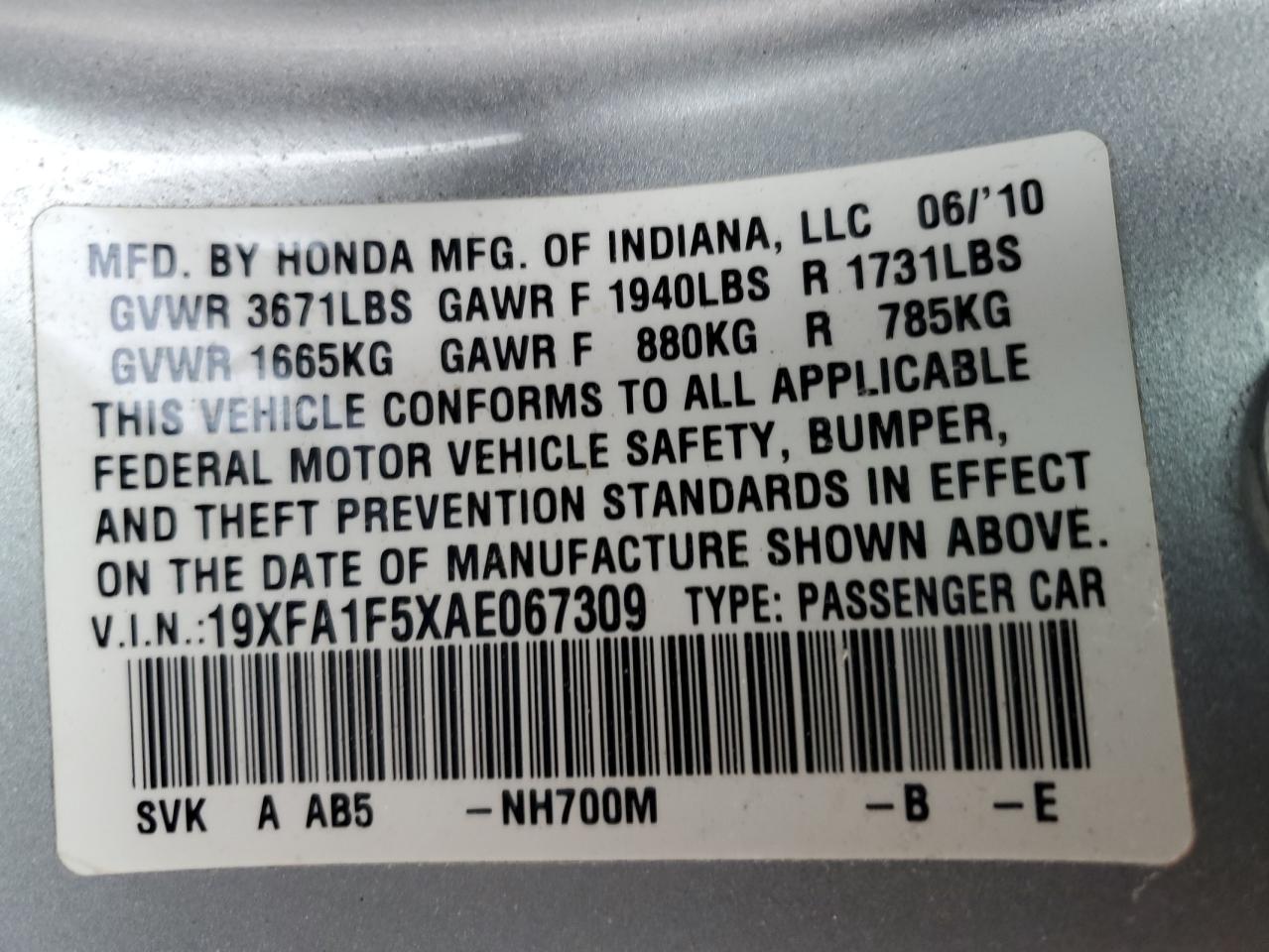 2010 Honda Civic Lx VIN: 19XFA1F5XAE067309 Lot: 66660624