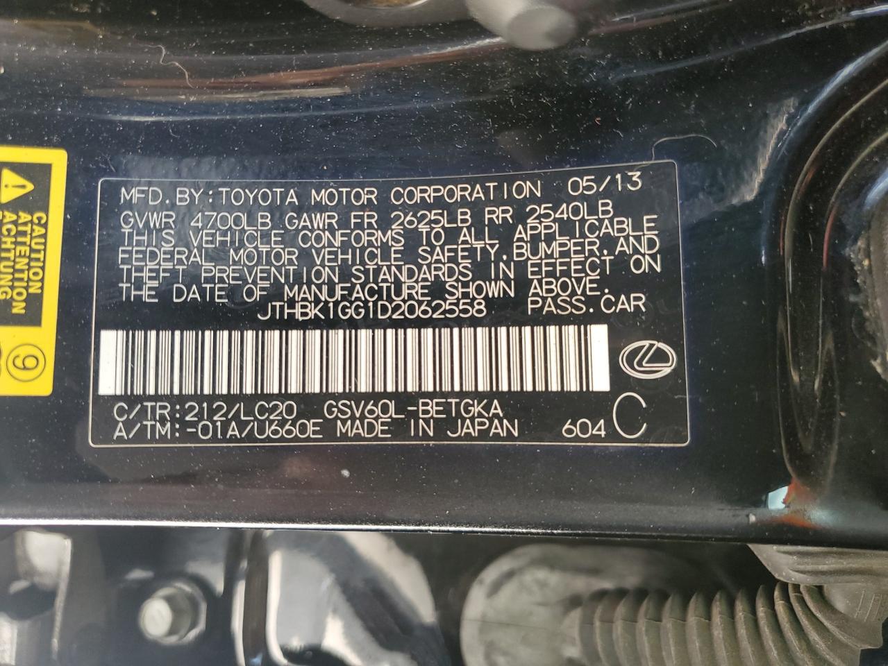 2013 Lexus Es 350 VIN: JTHBK1GG1D2062558 Lot: 67360474