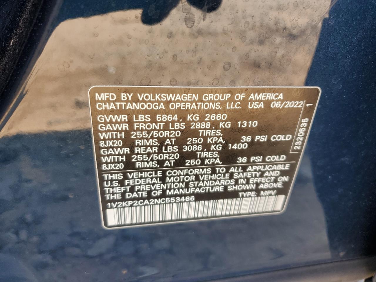 2022 Volkswagen Atlas Se VIN: 1V2KP2CA2NC553466 Lot: 68885624